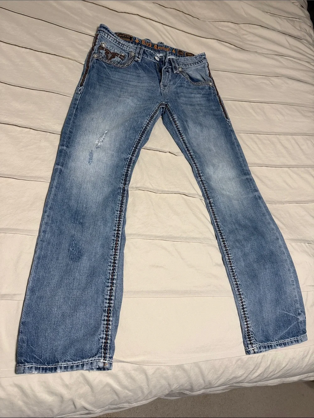 Rock Revival Light Blue Boot Cut Jeans with Brown Embroidery
